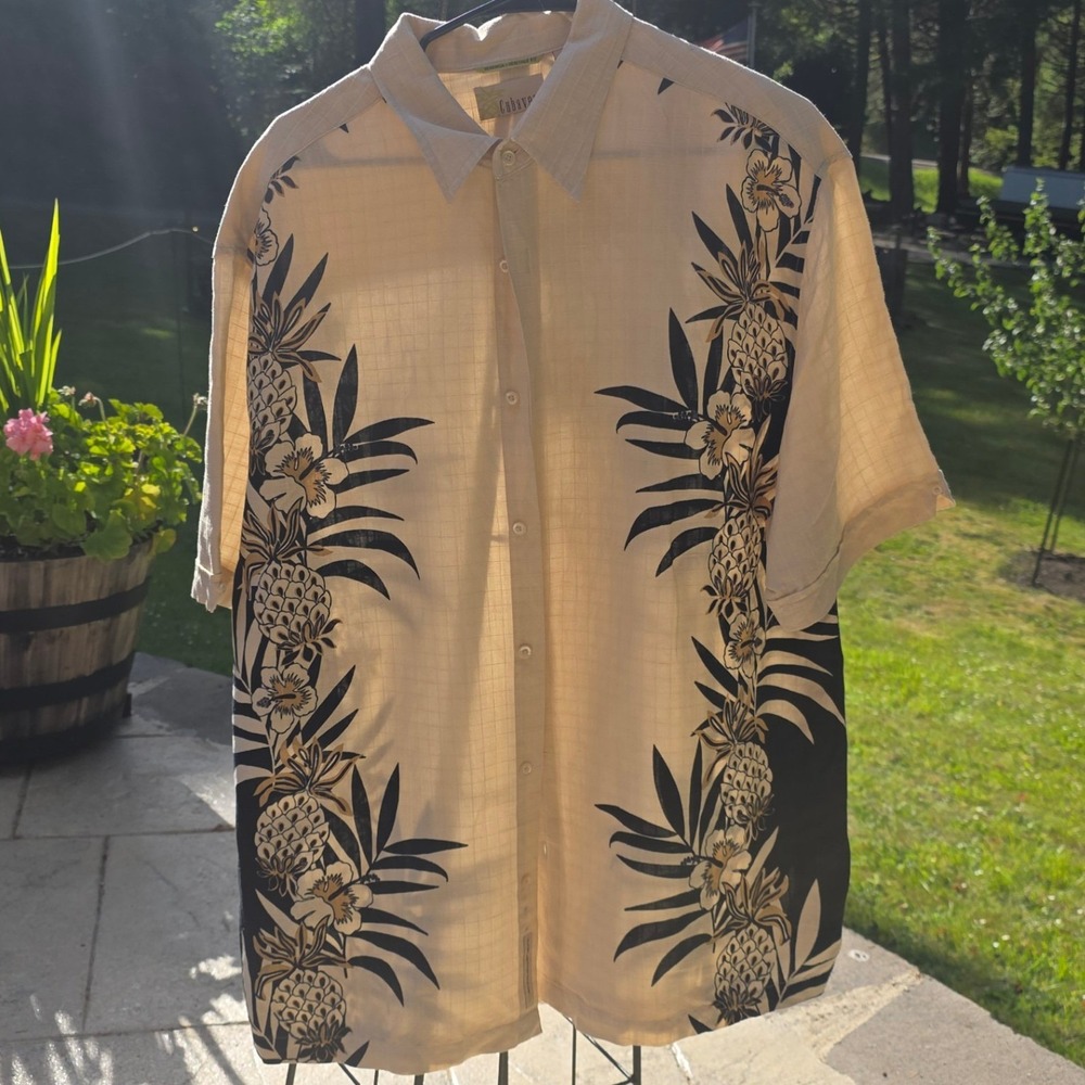 Cubavera Heritage Fit Mens XL Linen Blend Pineapple Floral Button Up Shirt Cream